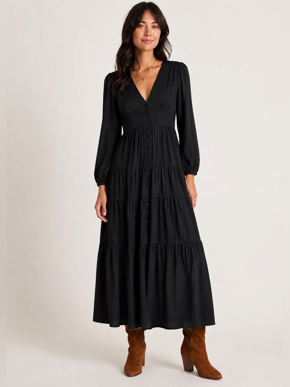 Marine Layer Maeve Maxi Dress Black Button Front Tiered Women Size L